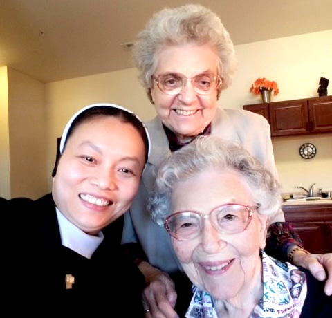 Sister Bernardin Deutsch with longtime colleague, the late Sister Celestine Schall, and former student, Sister Thuy Tran, LHC.