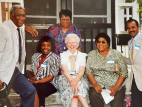 Sister Michele at center with five education colleagues in Mississippi