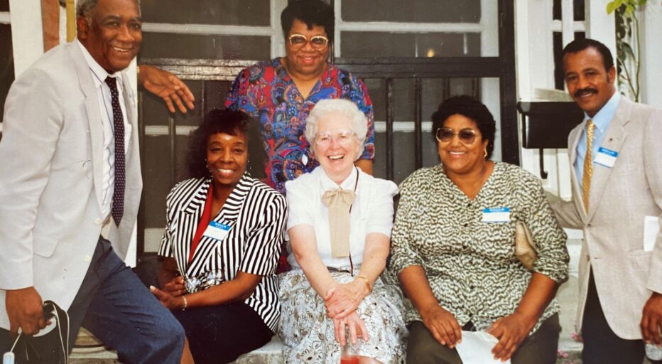 Sister Michele at center with five education colleagues in Mississippi