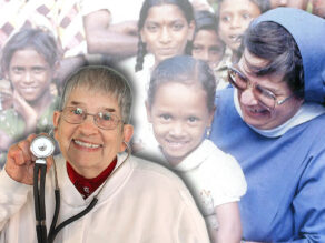 In the foreground, Sister Betty is smiling and holding her stethoscope. The background is Sister Betty when she was in India.