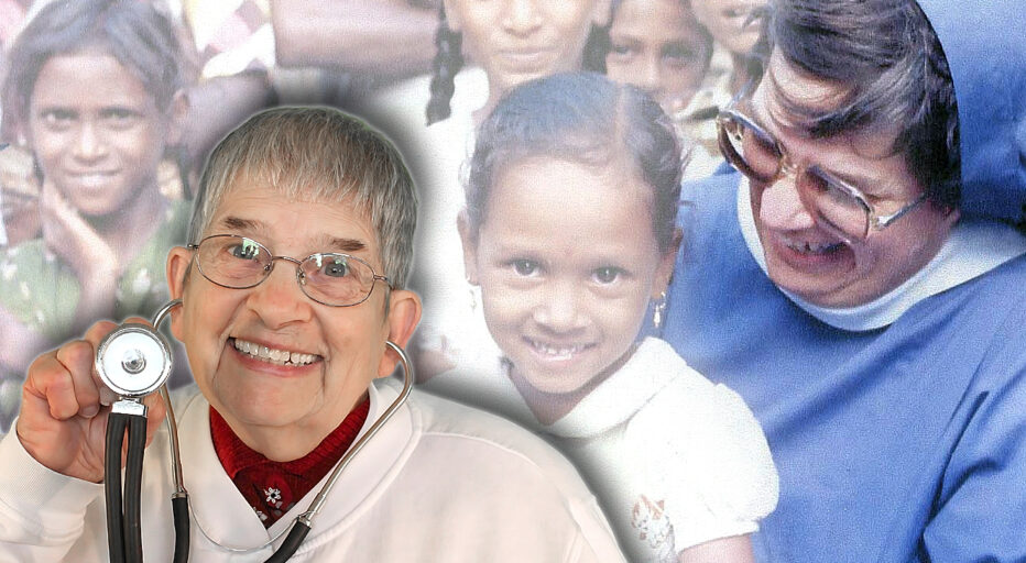 In the foreground, Sister Betty is smiling and holding her stethoscope. The background is Sister Betty when she was in India.