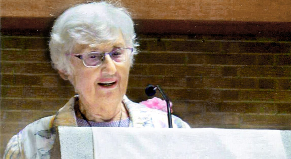 Sister Karen Volmer pictured speaking at a lectern